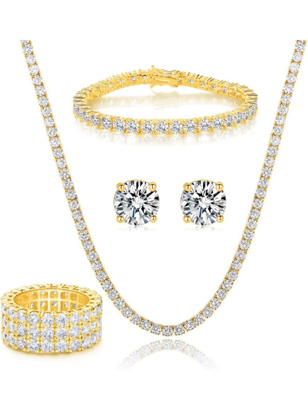 Elegant 18K Gold Plated Jewelry Set: Tennis Necklace, Bracelet, Earrings & Ring